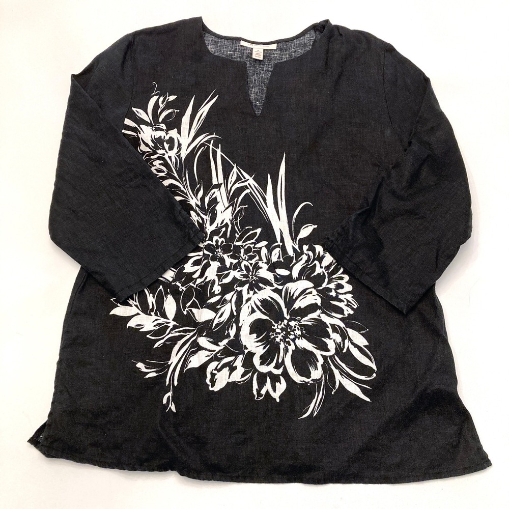 JM Collection 100% Linen Top‎ Black White Floral Notch Neck 3/4 Sleeve Womens 16